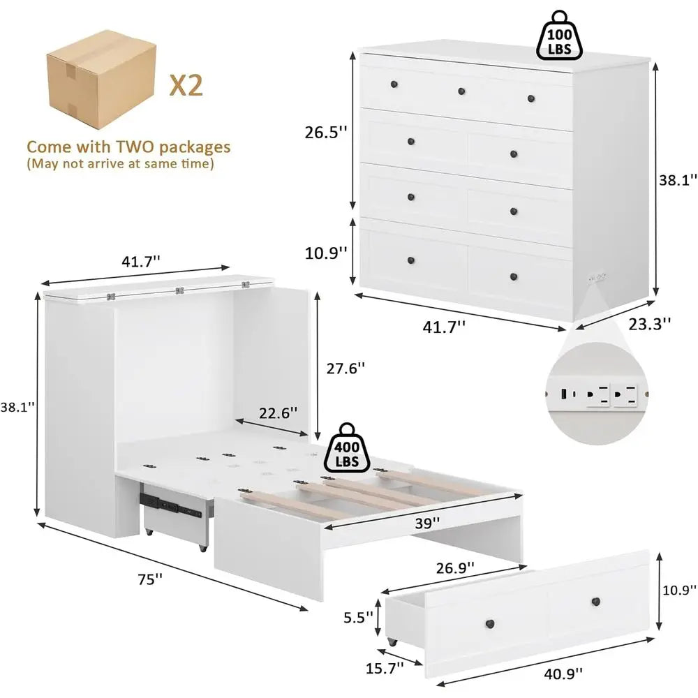 Twin Size Murphy Bed With Fabric Upholstery And Charging Station
