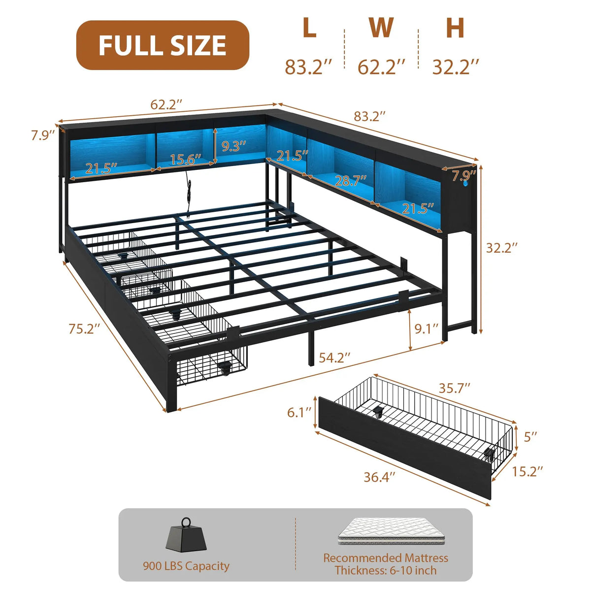 HiMISS Corner Bed Frame Bookcase Headboard And LED Lights