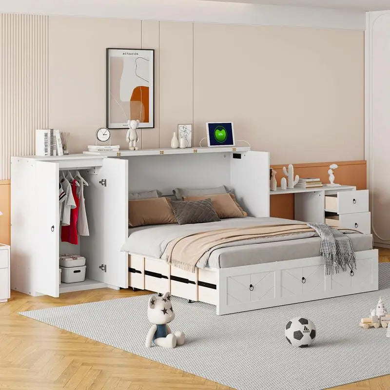 Versatile White Cabinet Bed With Usb Port And Large Drawer