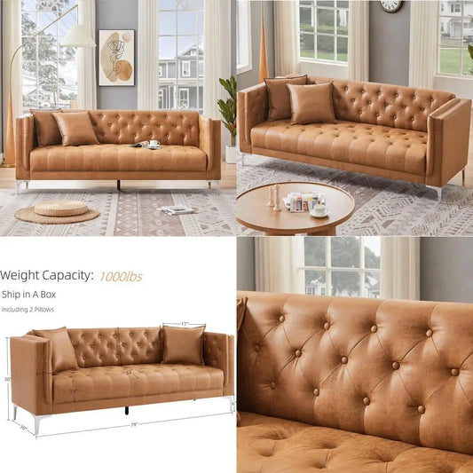 DAFIFY Three Seater Faux Leather Sofa With Tufted Cushions