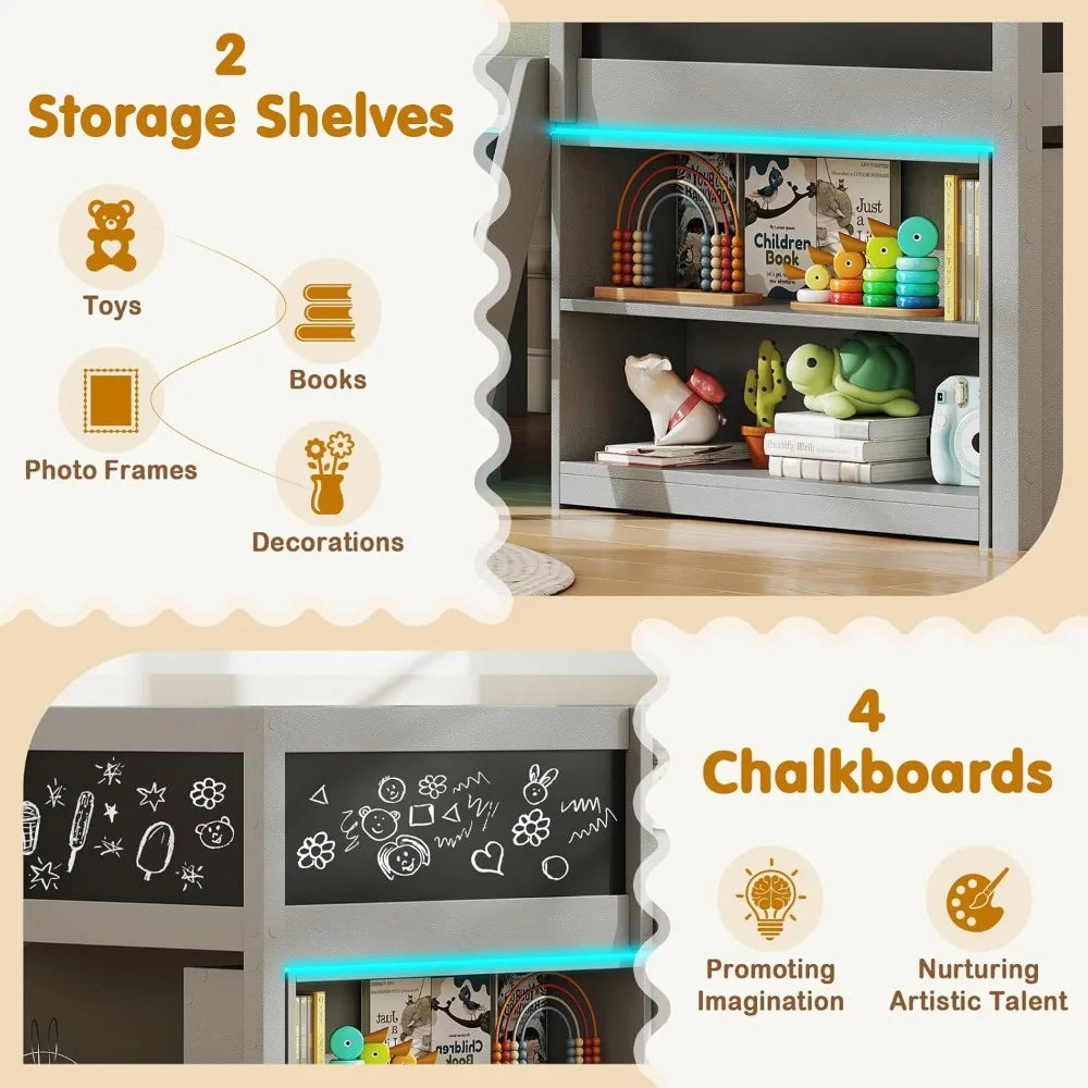 Wooden Loft Bed With LED Lights And Storage