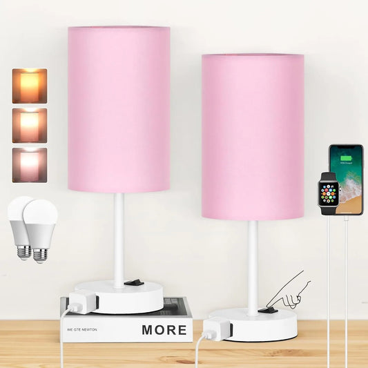 Pink Fabric Shade Nightstand Desk Lamp with White Base for Home Decor