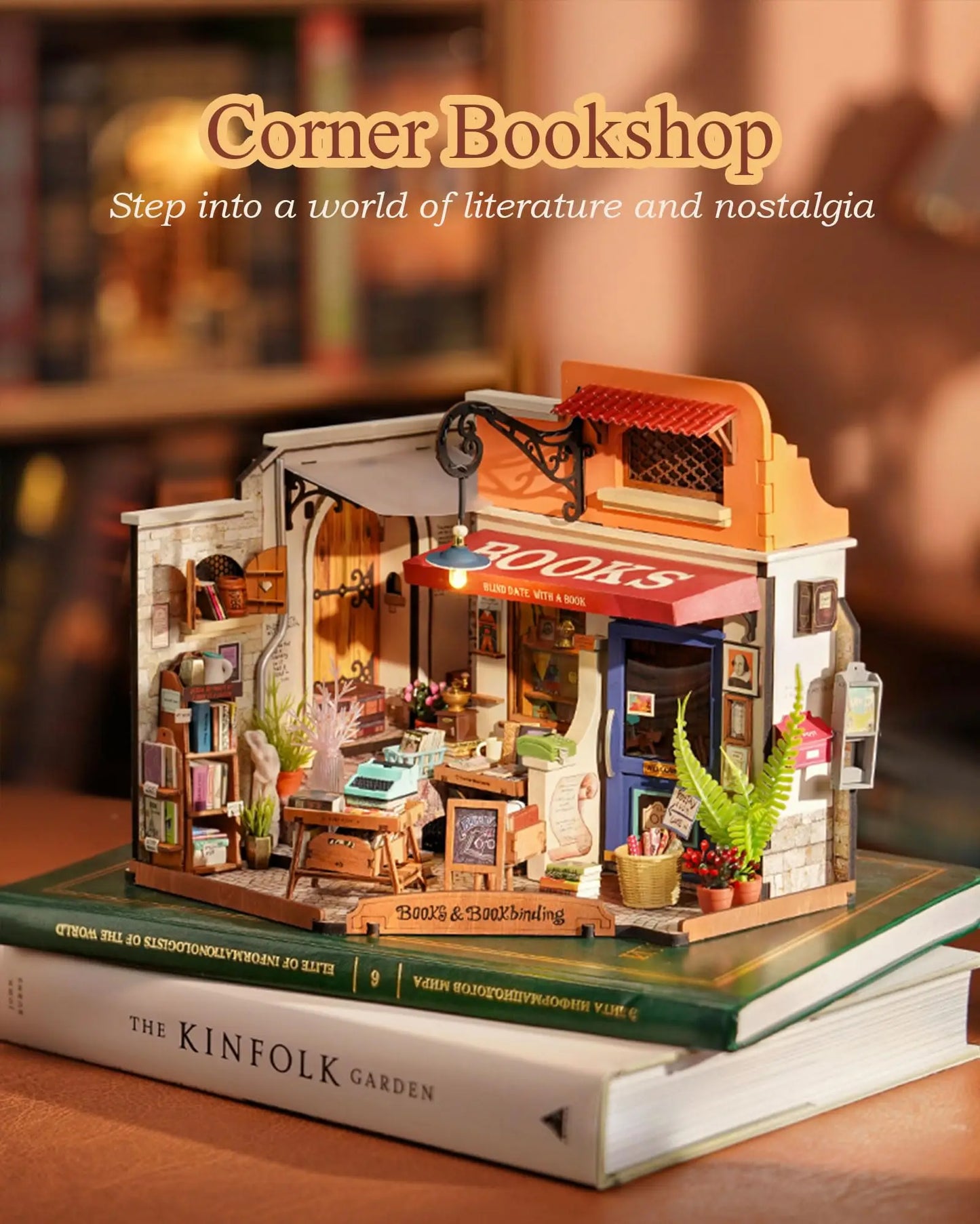 Robotime Corner Bookstore Miniature Dollhouse Kit With LED