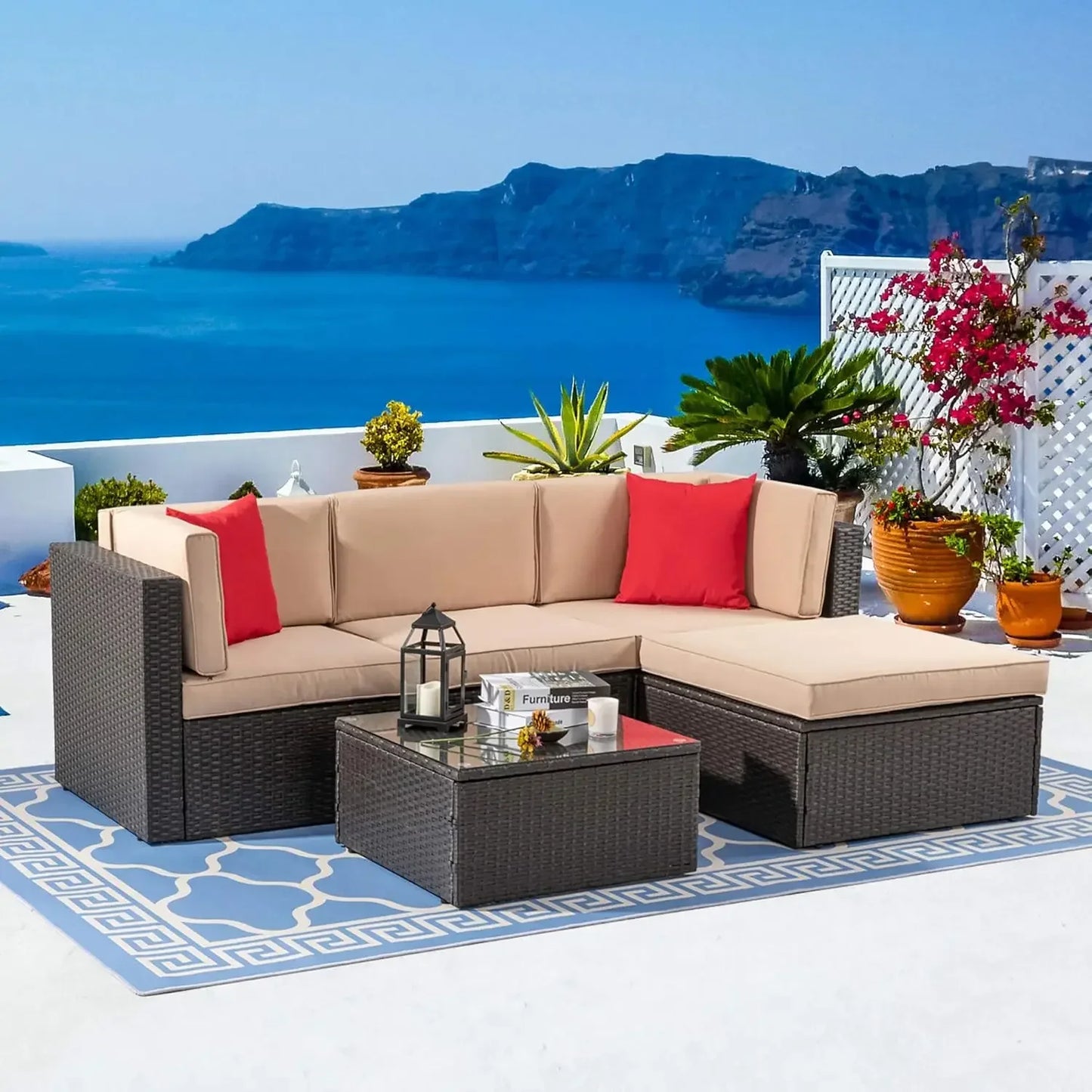 XMSJ All Weather Patio Furniture Set with Ottoman Outdoor