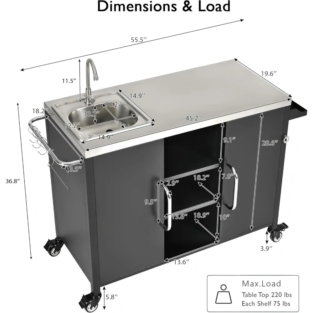 Outdoor 304 Stainless Steel Kitchen Island With Sink Cart