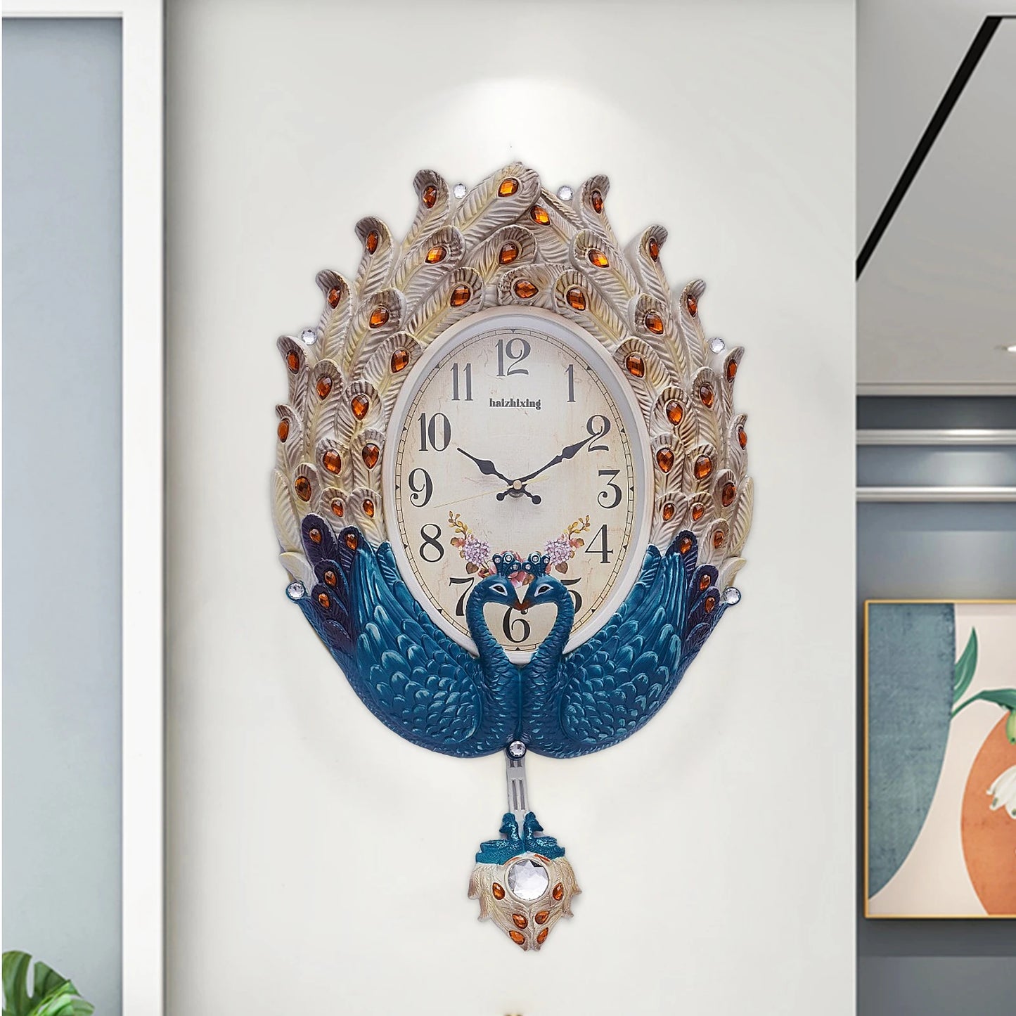 NONED Peacock Wall Clock Modern Pendulum Crystal Accents