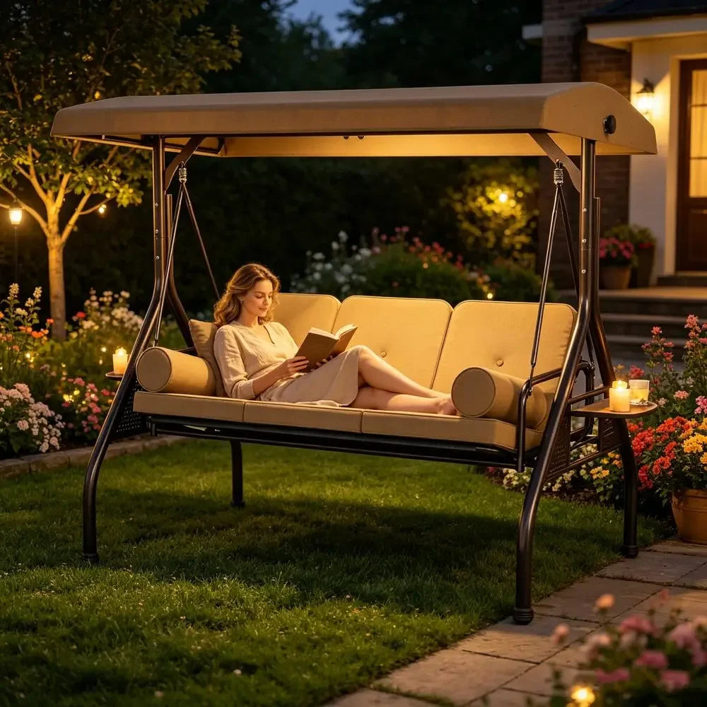 XMSJ Outdoor Porch Swing With Adjustable Canopy Cup Holder