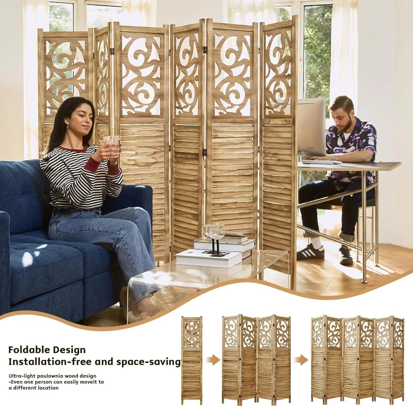 Wood Carved Privacy Screen Freestanding Decorative Partition