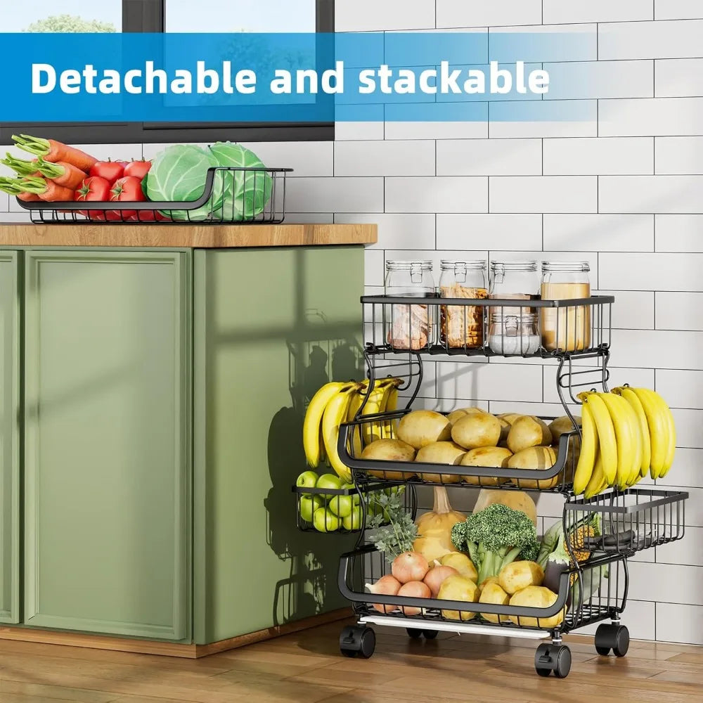 Stackable Metal Wire Rolling Cart With Hanging Baskets