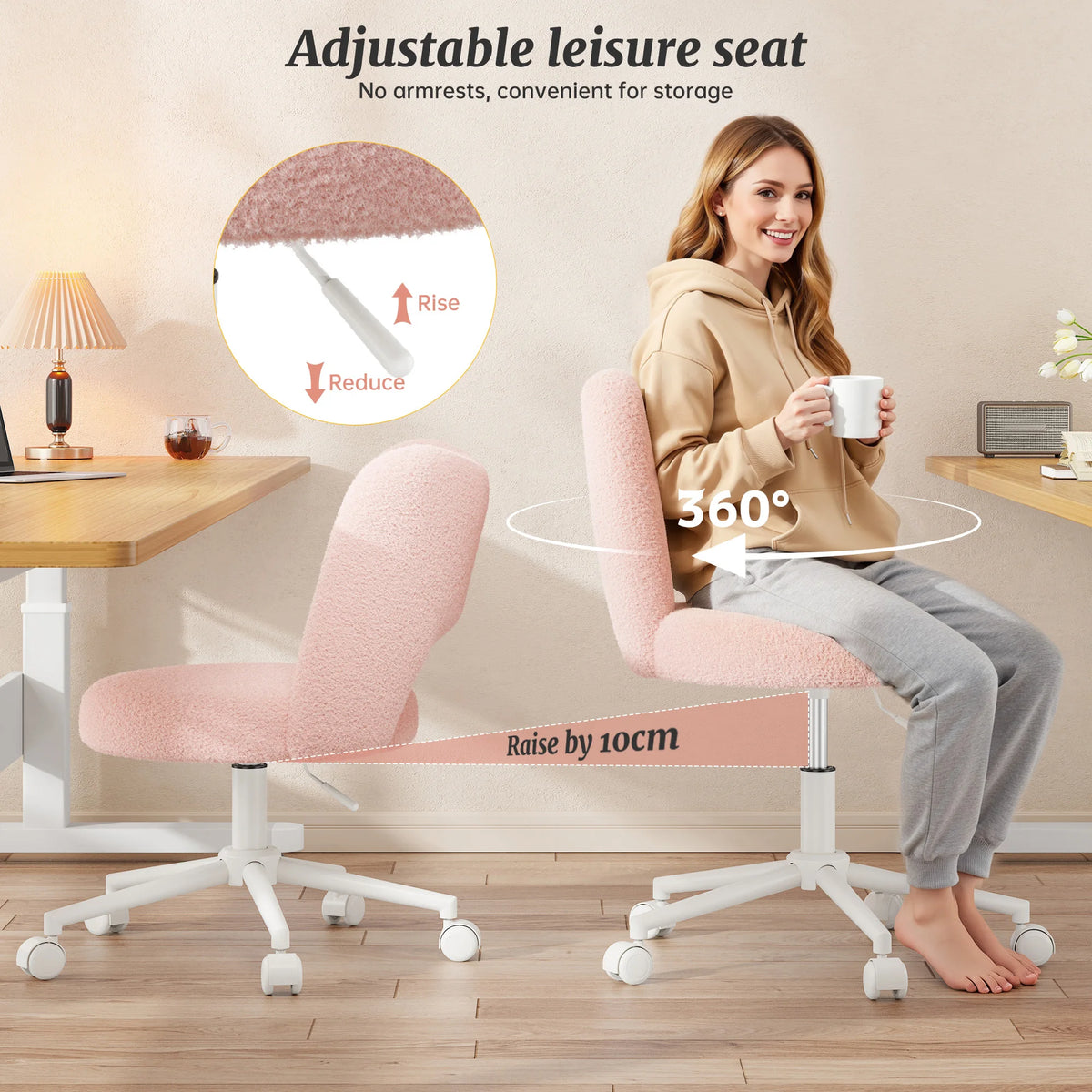 EnHomee Height Adjustable Upholstered Vanity Chair With Silent Wheels