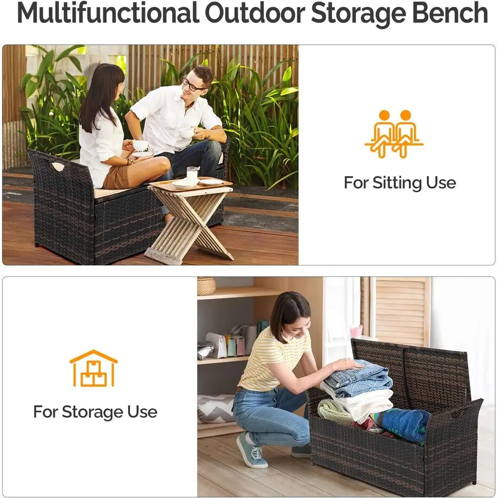 Wicker Storage Bench Cushion Box For Patio And Garden