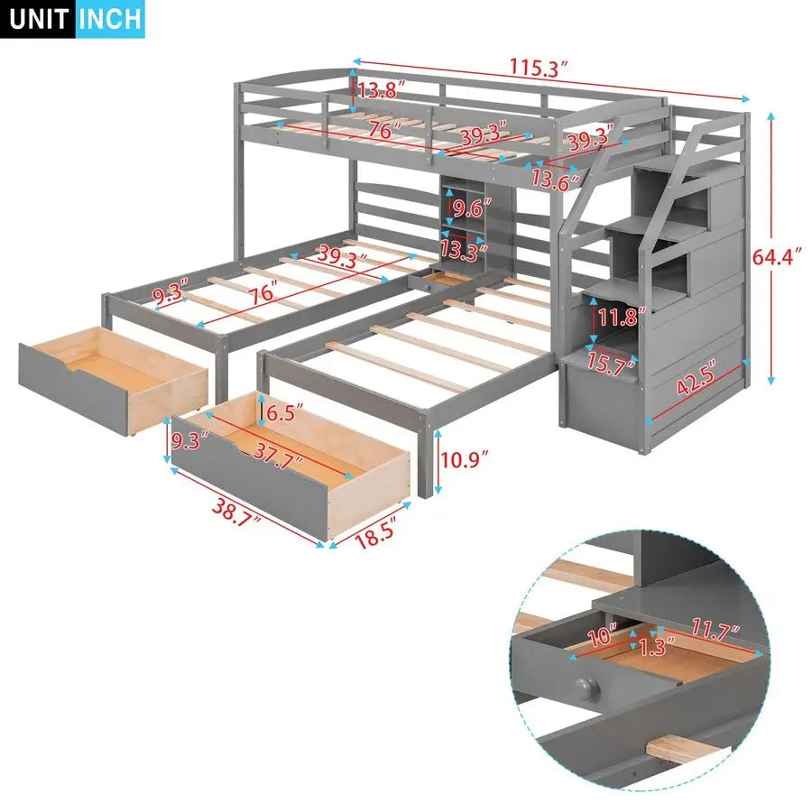 MBVM Triple Bunk Beds With Stairs And Storage Drawers For 3 Kids