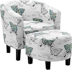 Ticify Upholstered Barrel Accent Chair With Ottoman Set