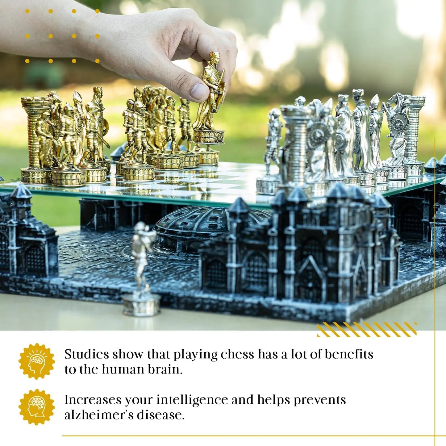 Renaissance Knight 3D Chess Set Glass Board Metal Pieces