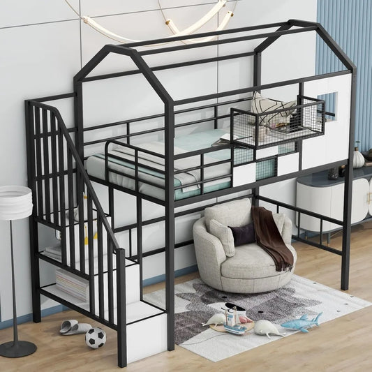 DAFIFY Loft Bed With Stairs And Roof For Kids Sturdy Metal
