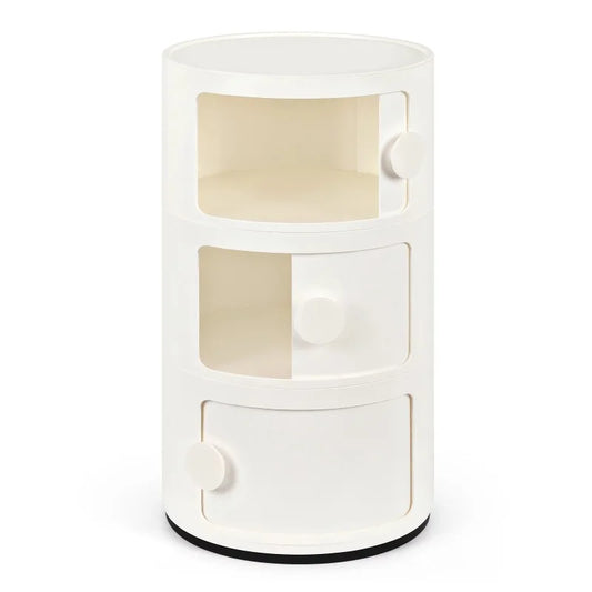 Modern White Round Bedside Table with 3 Tier Storage and Sliding Door Design