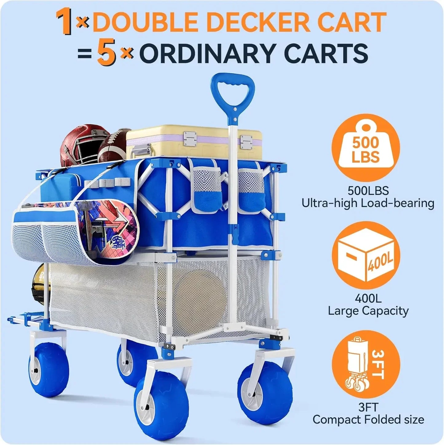 Double Decker Foldable Beach Wagon All Terrain Cart With Balloon Wheels