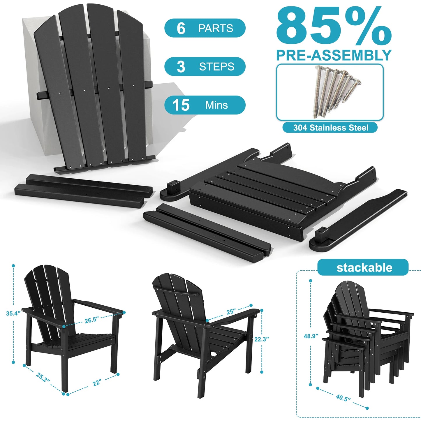Stackable Adirondack Chairs Outdoor HDPE Plastic 4pcs