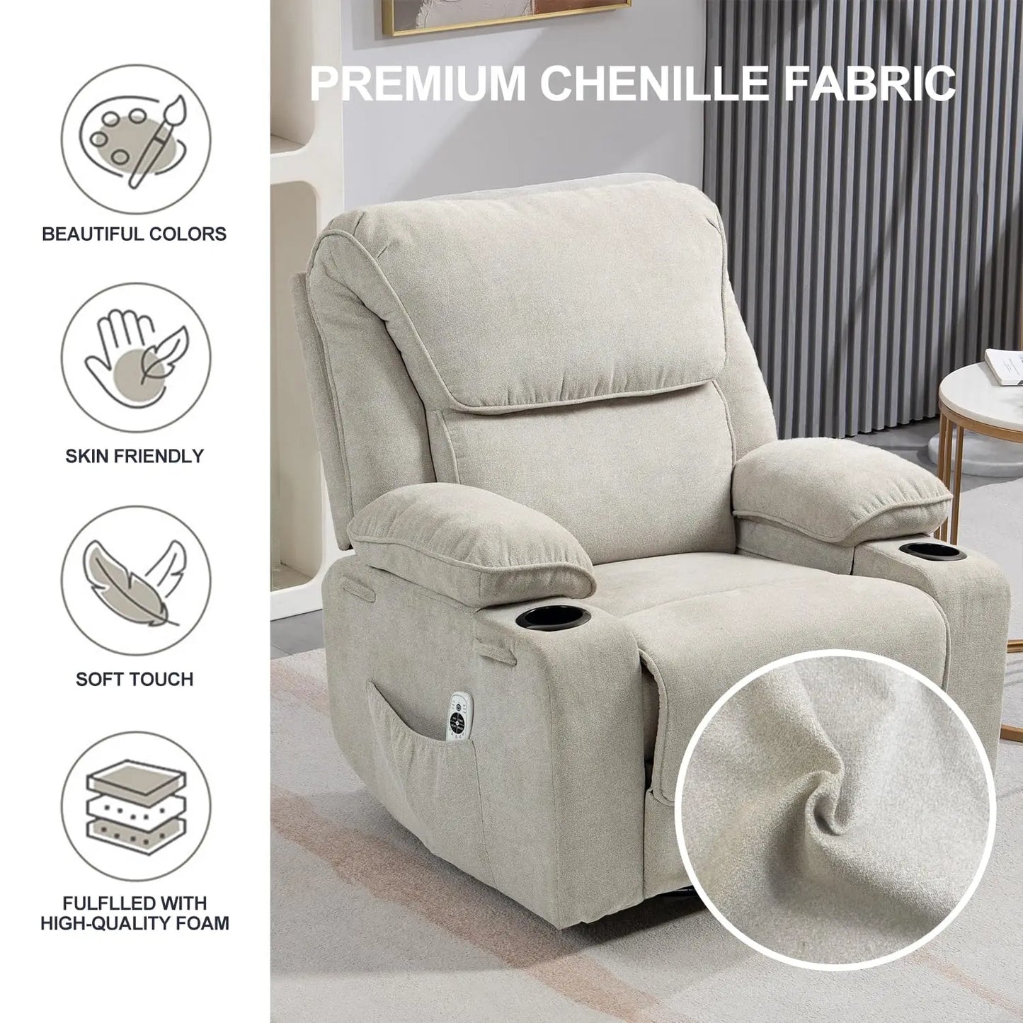 XIAOLANG Rocker Recliner Massage And Heated With Cup Holders