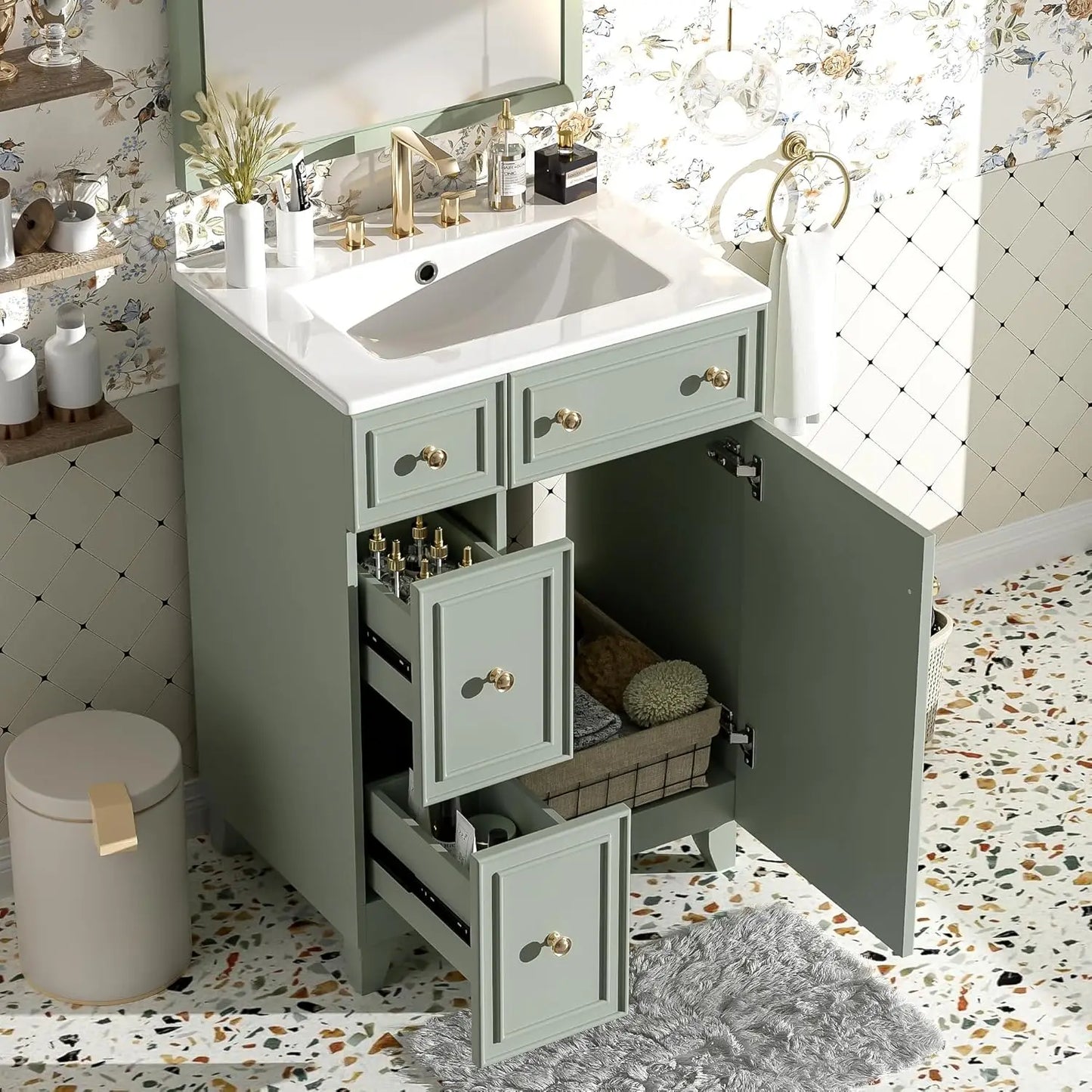 Modern Freestanding Bathroom Vanity With Sink And Gold Handles