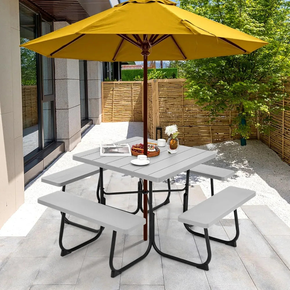 Outdoor Square Picnic Table With BuiltIn Benches Umbrella Hole