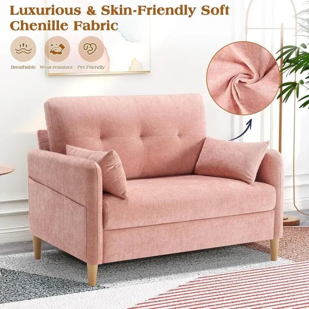47 Inch Small Chenille Fabric Love Seat Sofa with Throw Pillow for Living Room