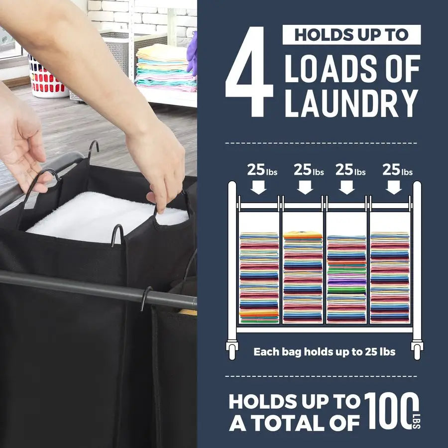Laundry Sorter 4 Section Rolling Cart With Removable Bags