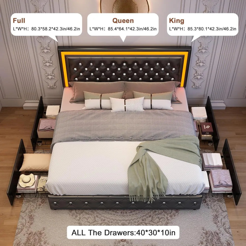 Bed Frame With LED Lighting And Stowaway Storage Drawers
