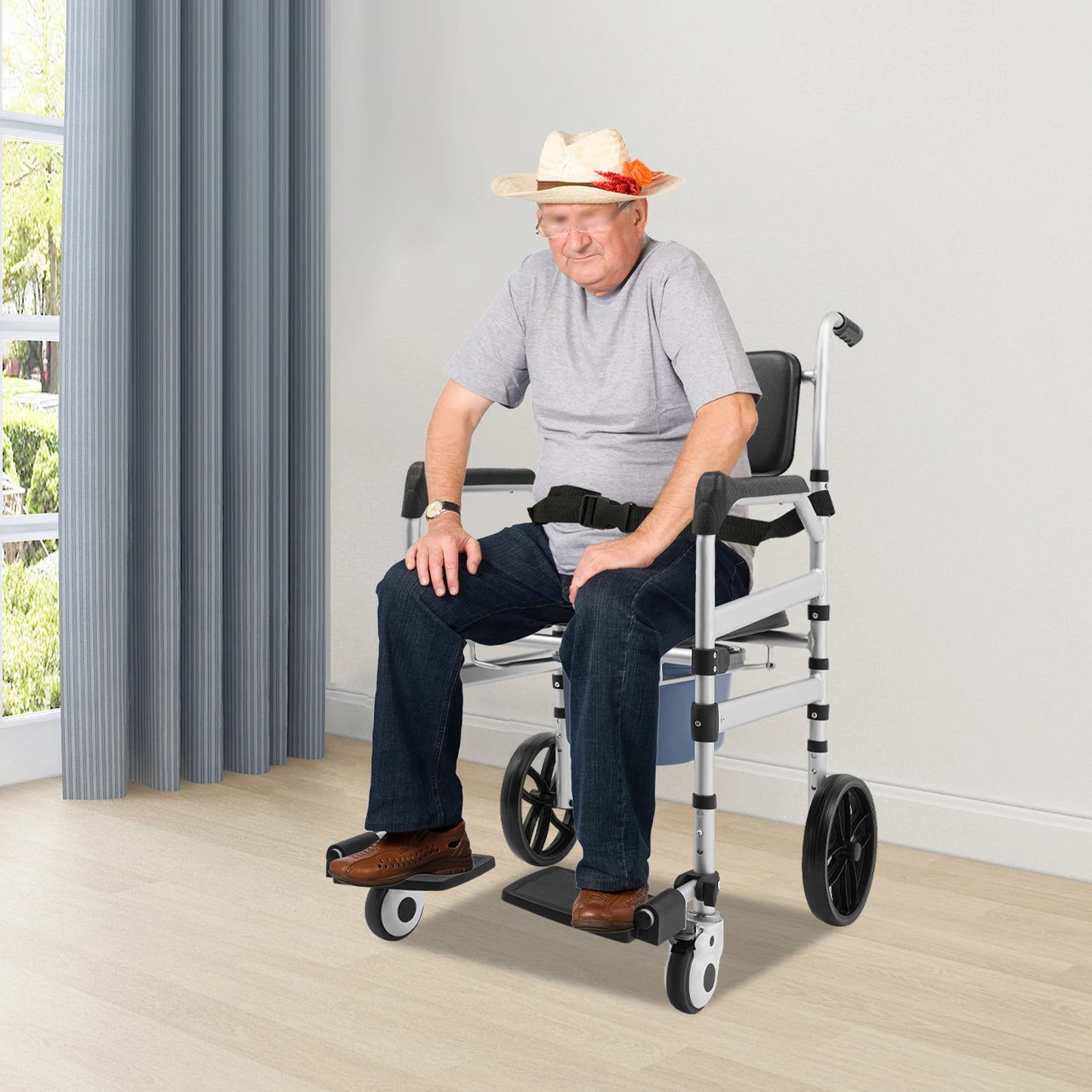 Foldable Rolling Shower Chair With Aluminum Height Adjustment Commode