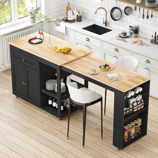 Rolling Bamboo Kitchen Island With Pullout Table And Shelves