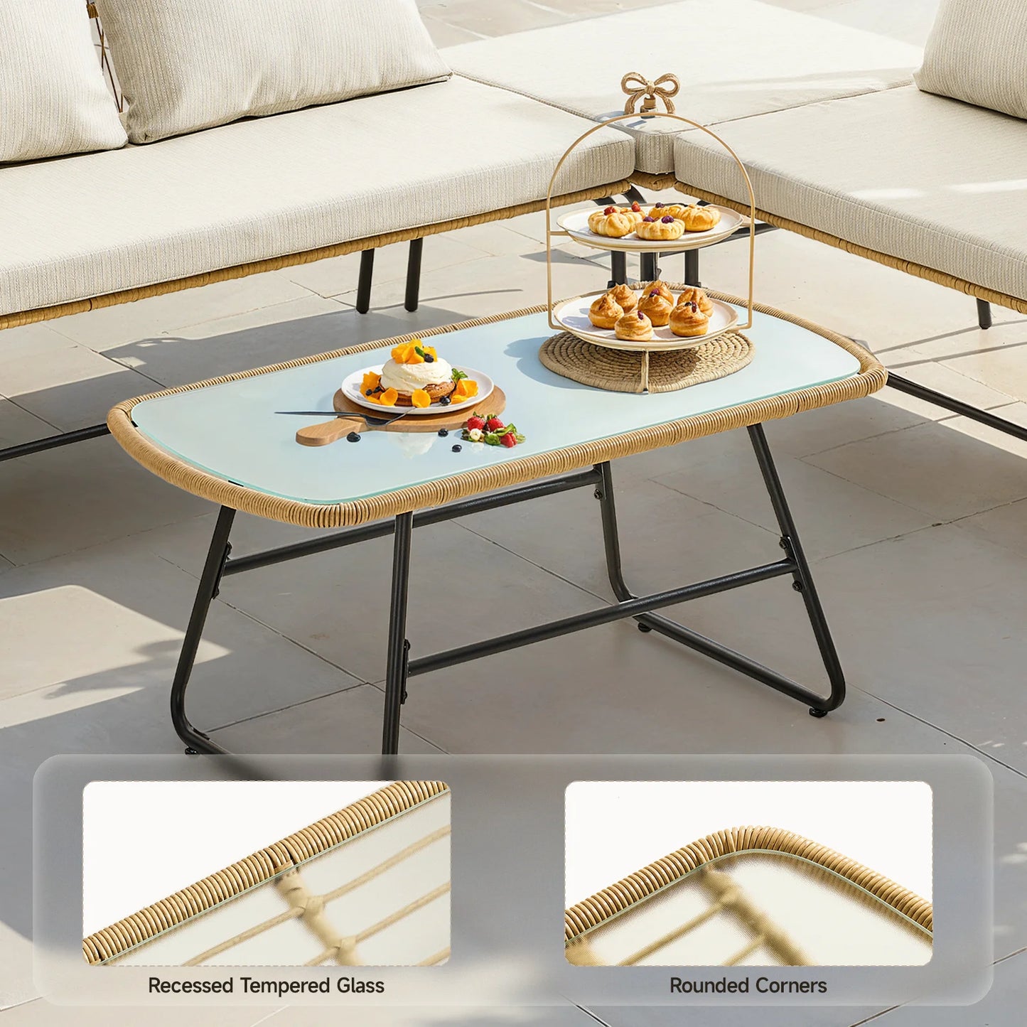 ONBRILL Outdoor Sectional Set Wicker Sofa Glass Coffee Table