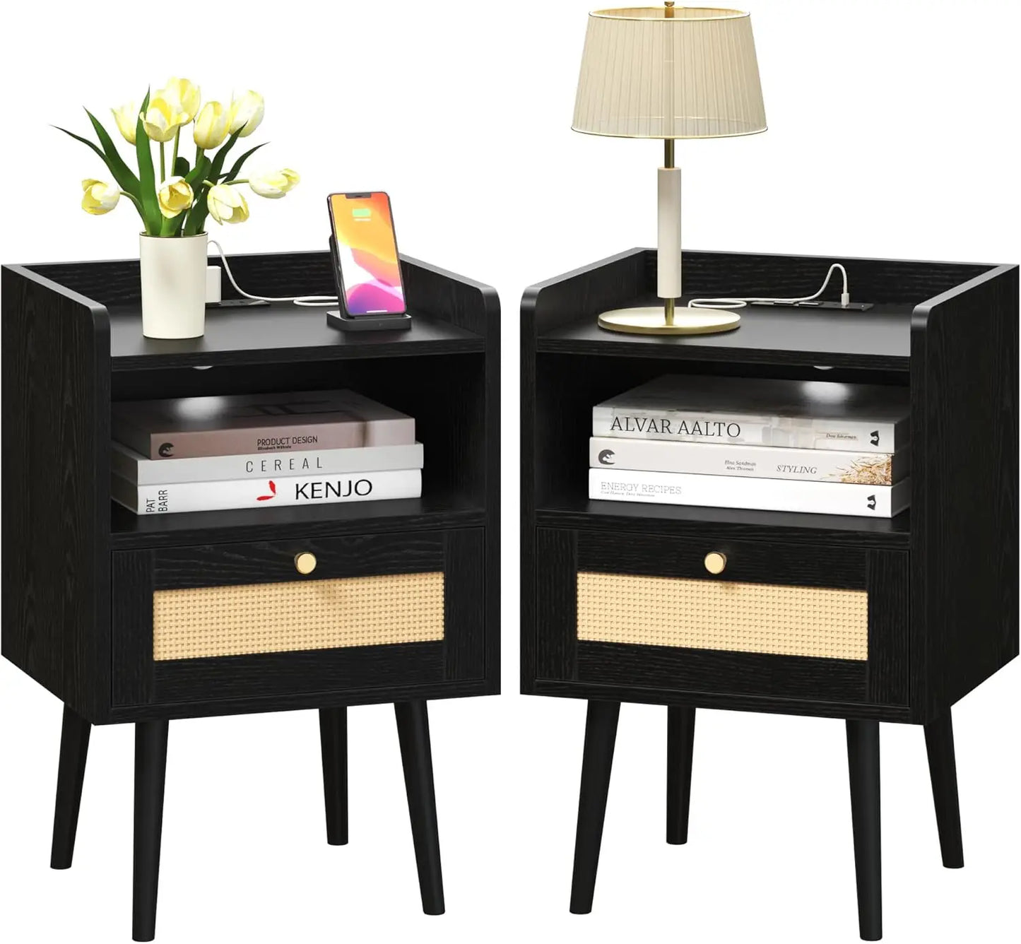 XIUWO Boho Nightstand Set With Charging Station Wood Legs