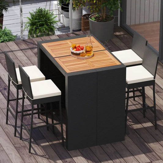 Outdoor Bar Set Wicker Rattan Table With Acacia Wood