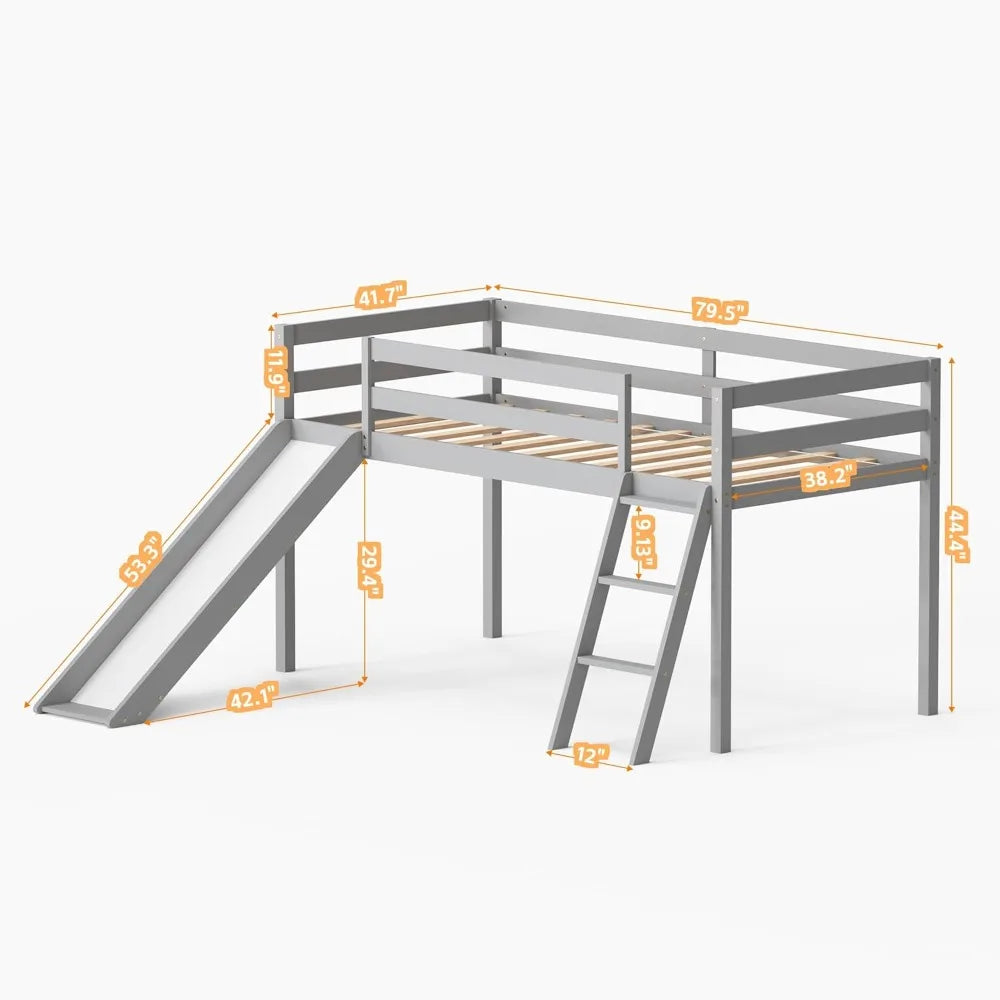 Color Wood Twin Loft Bed With Slide Ladder And Under Storage