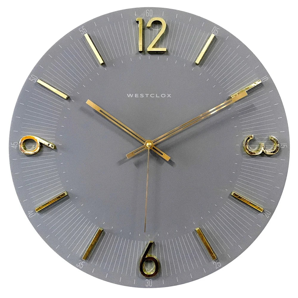 Contemporary 16 Inch Gray Analog Wall Clock with Gold Numbers for Home Decor