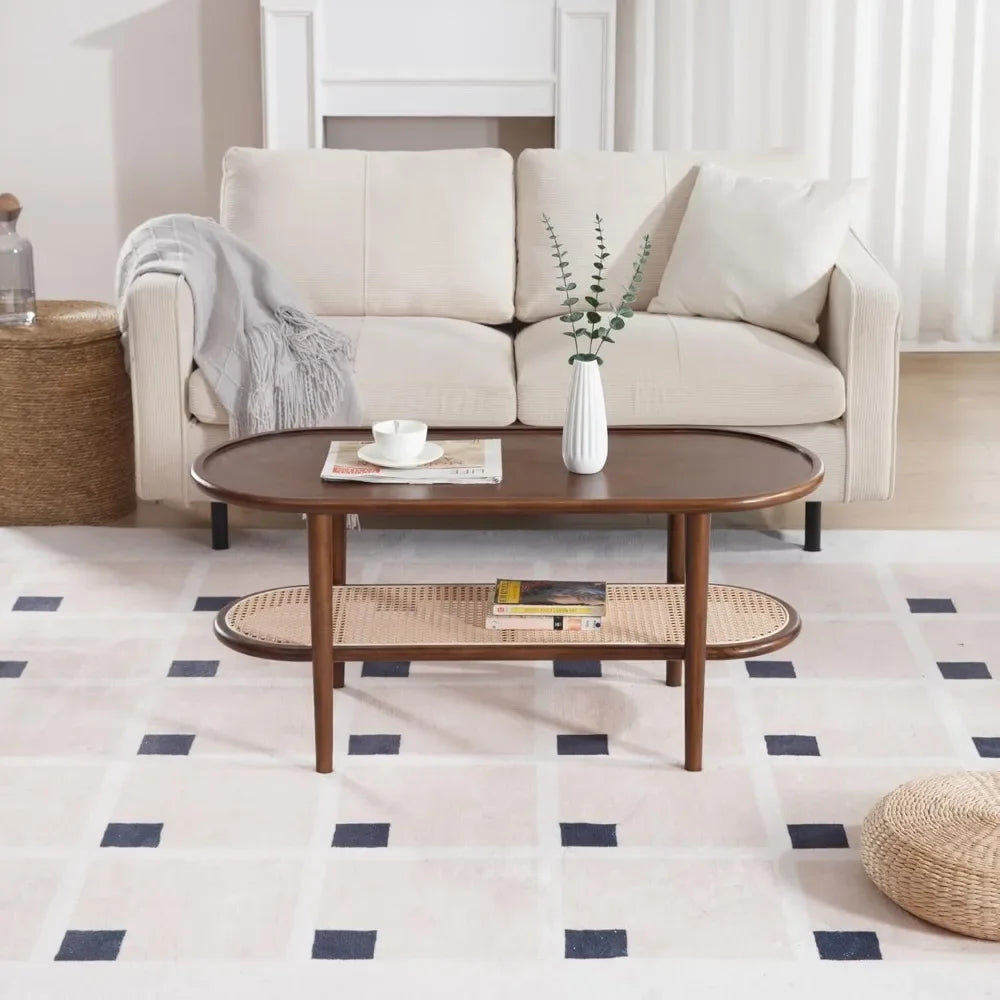 Modern Walnut Rattan Coffee Table with Storage Shelf for Living Room