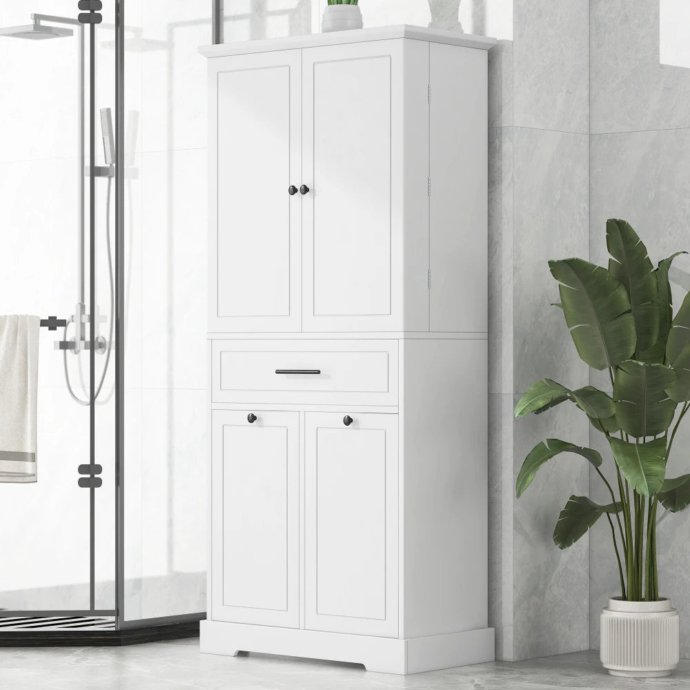 White Freestanding Bathroom Storage Cabinet With Laundry Hamper