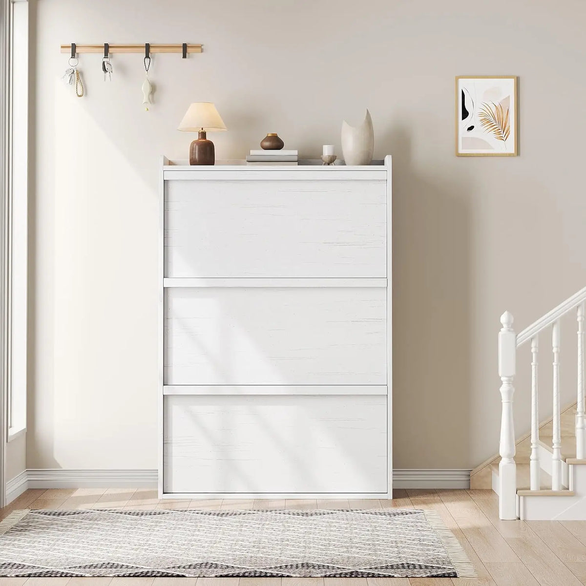 HiMISS Three Flip Drawer Shoe Cabinet With Adjustable Shelves