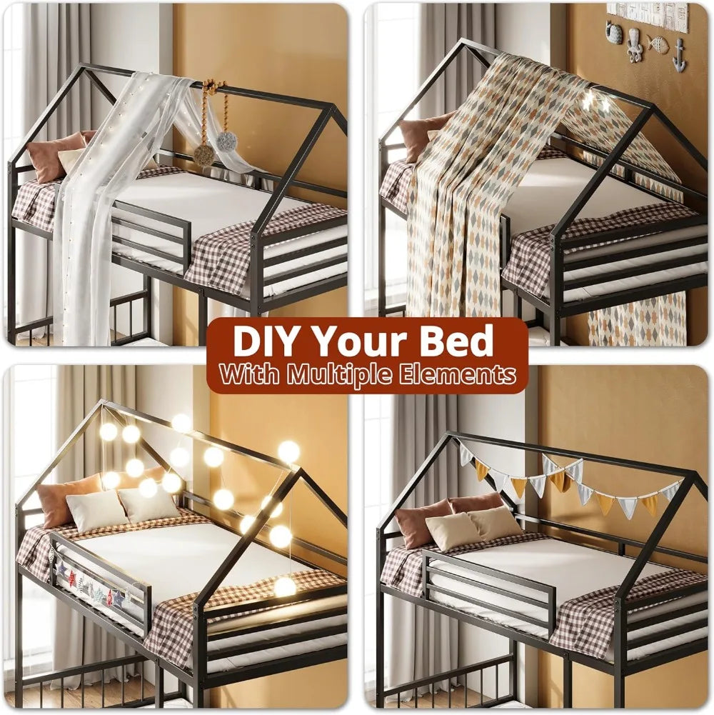 House Shape Metal Bunk Bed With Ladder And Guardrail
