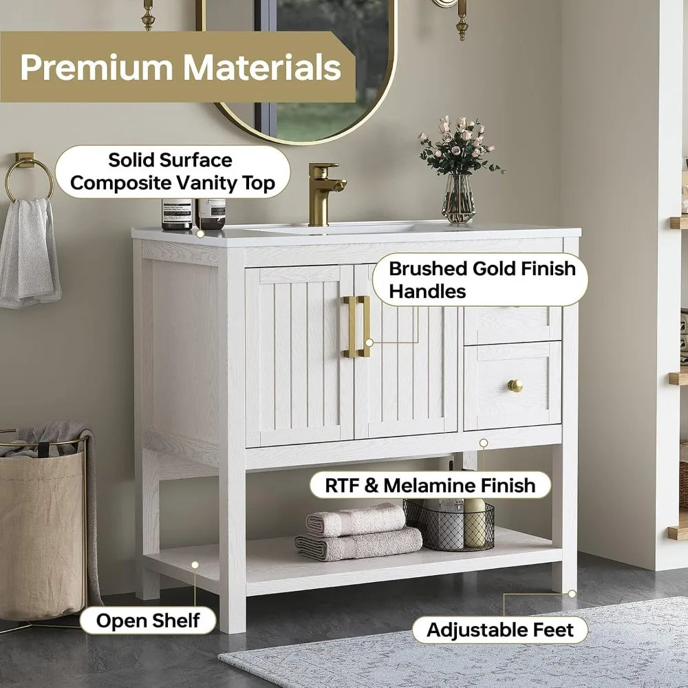 Solid Wood Bathroom Vanity With Integrated Sink And Soft Close Drawers