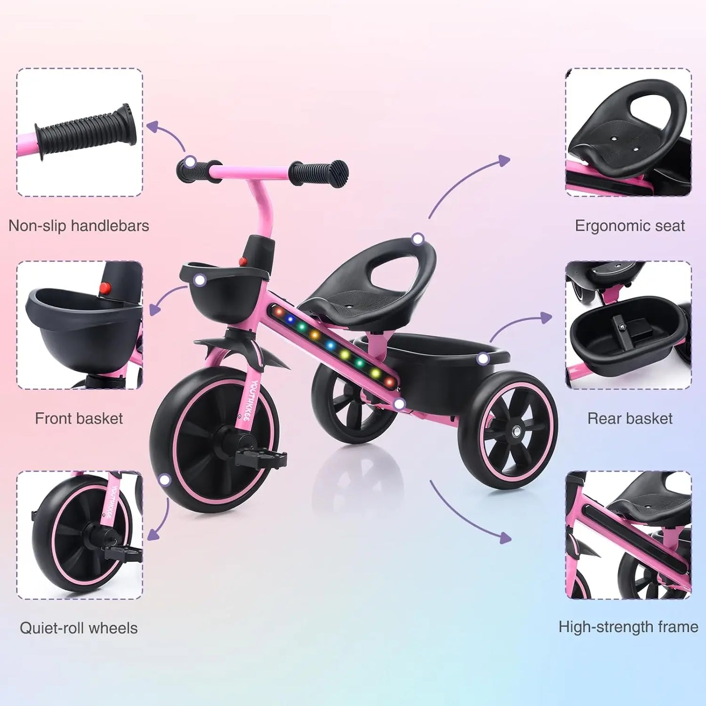 Kids Tricycle with LED Lights for Toddlers Three-Wheel Design