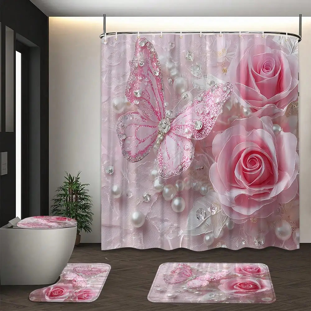 Elegant Butterfly Shower Curtain Bath Mat Set Toilet Seat