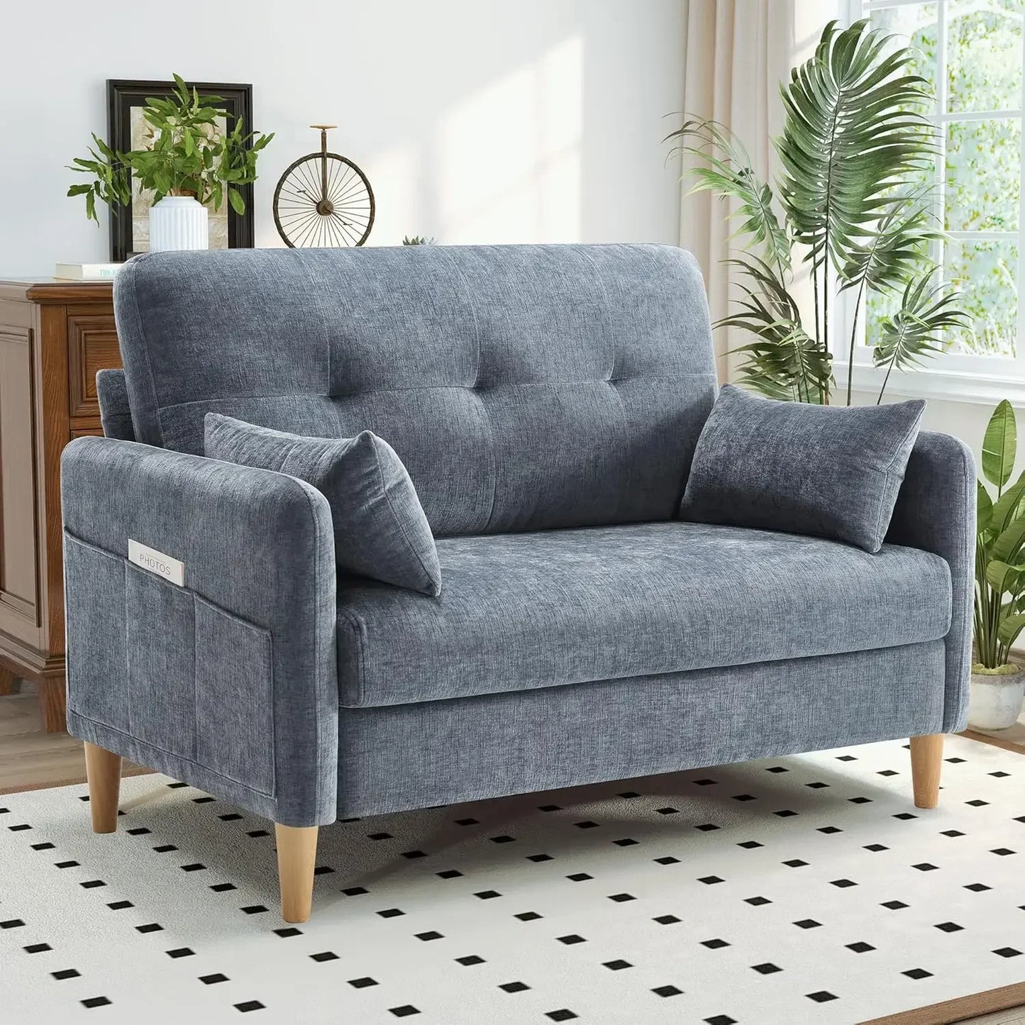 47 Inch Small Chenille Fabric Love Seat Sofa with Throw Pillow for Living Room