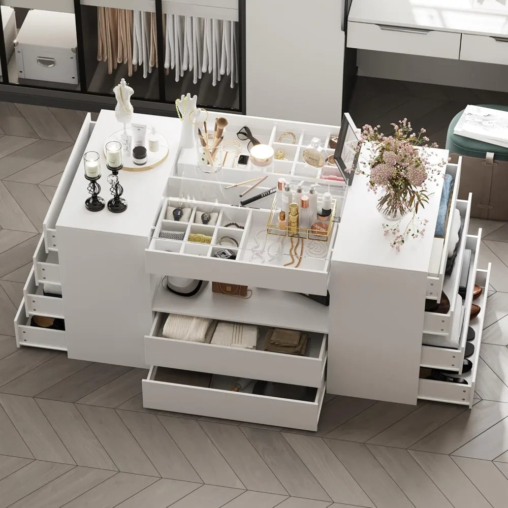 Ticify Armoire Island Wardrobe With Glass Tabletop Drawers