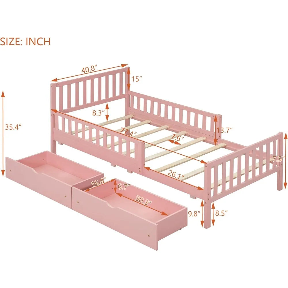 Kids Bed Frame With Guardrails And Drawers Storage Unit