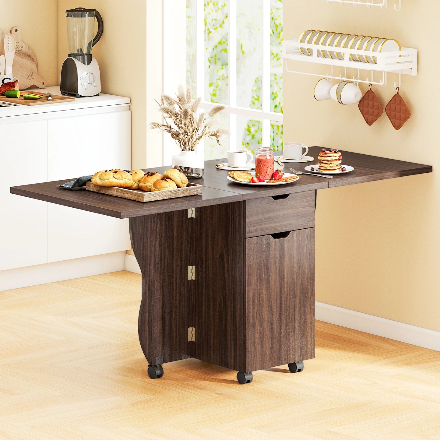 HOMASIS Folding Dining Table With Lockable Wheels And Storage