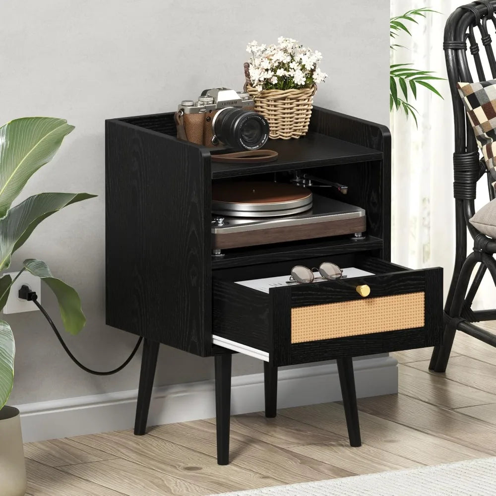 XIUWO Boho Nightstand Set With Charging Station Wood Legs