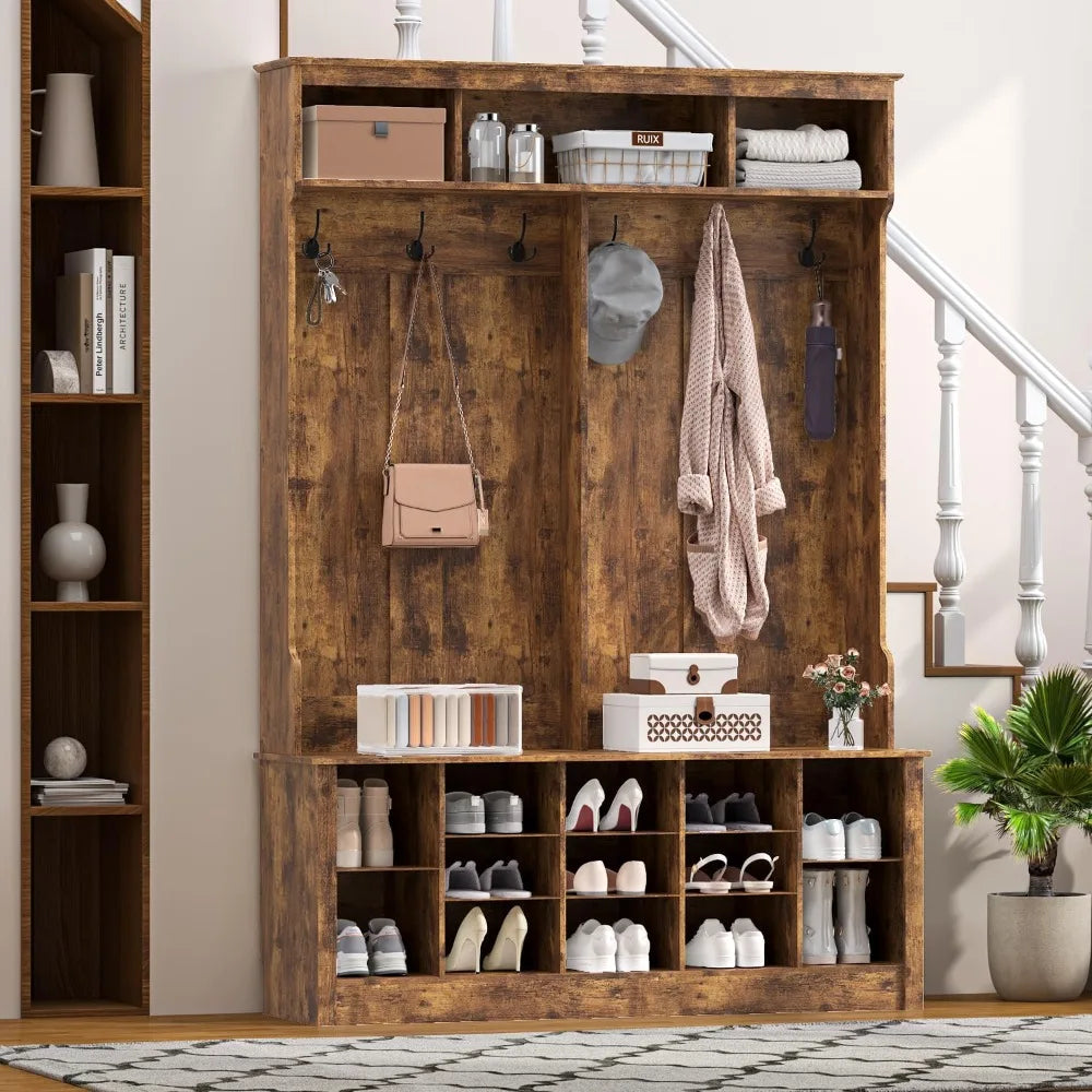Farmhouse Hall Tree With Bench Shoe Storage Coat Rack