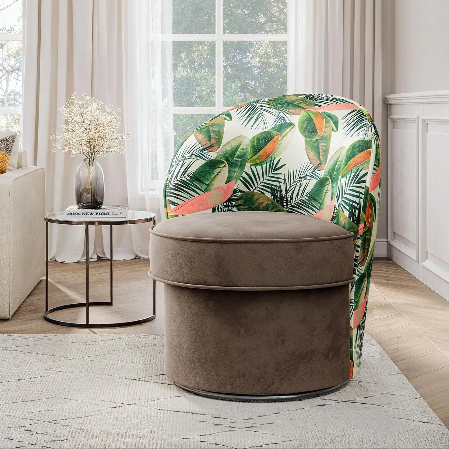 Floral Upholstered 360 Degree Swivel Barrel Chair Living Room