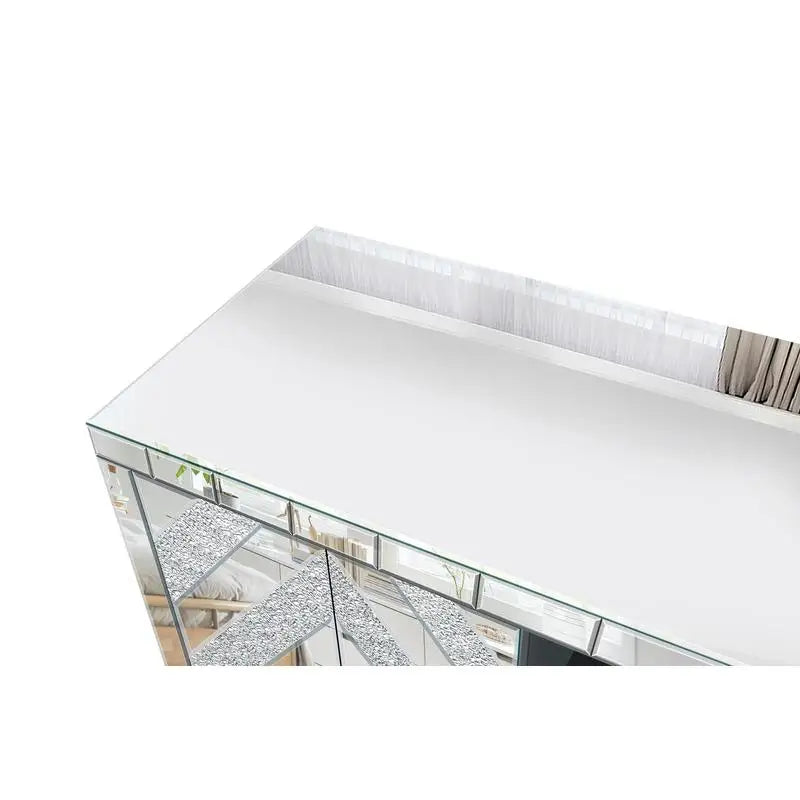 Mirror TV Console With Diamond Glass Doors And Open Storage